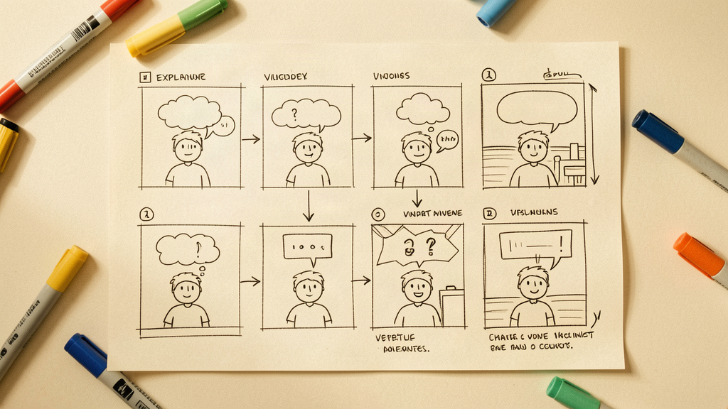 A storyboard sketch on cream paper with multiple panels depicting an explainer video story arc, with arrows, doodles, and annotations