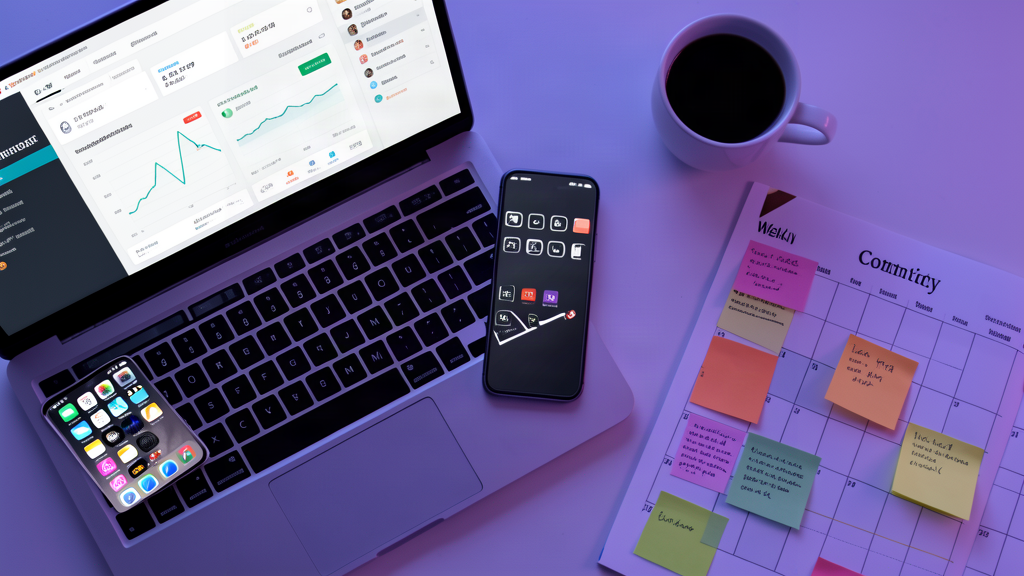 A modern freelance workspace with laptop showing social media analytics dashboard, smartphone with multiple app icons, and a printed weekly content calendar with colorful sticky notes