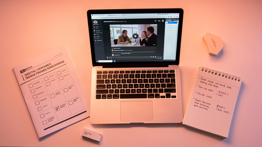 A clean desk with an open laptop showing a video course interface, a printed workbook with progress checkboxes, and a notepad with handwritten income goals