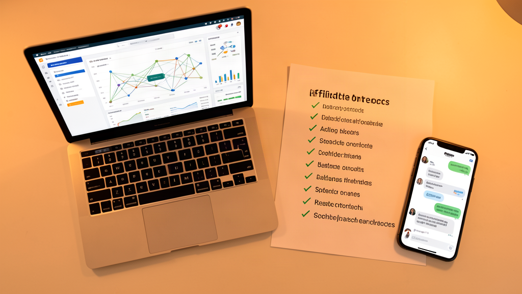 A flat-lay of a sales workflow showing a laptop with a network dashboard, printed outreach contacts list with checkmarks, and a smartphone with a chat conversation