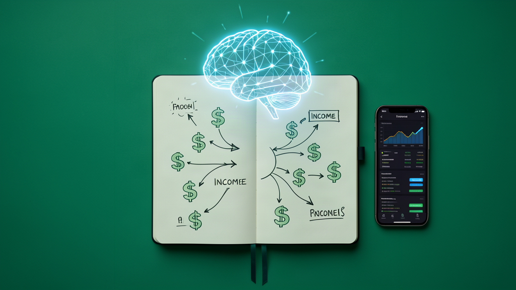 A glowing AI brain graphic with dollar signs flowing outward, an open notebook showing income streams, and a smartphone with a portfolio dashboard