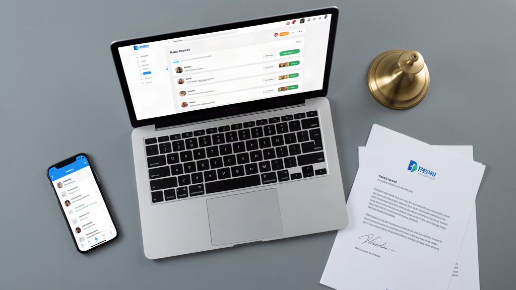 A freelance agency workspace with laptop showing a white-label client dashboard, smartphone with project management app, and printed client proposals