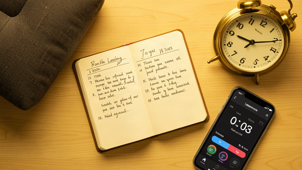 A small journal with handwritten notes and time stamps, a meditation cushion corner, a brass clock, and a smartphone showing a 7-minute timer