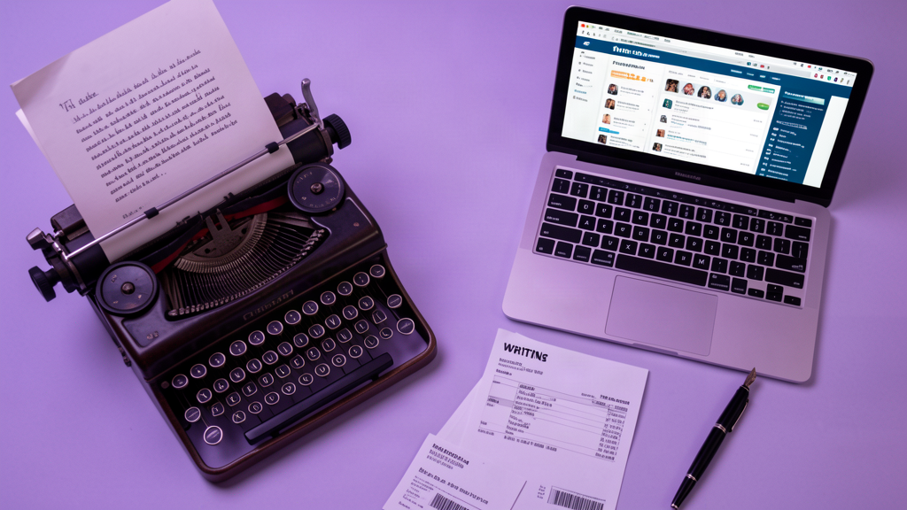 A vintage typewriter with a half-finished page, an open laptop showing a freelance job board, a printed invoice, and a fountain pen