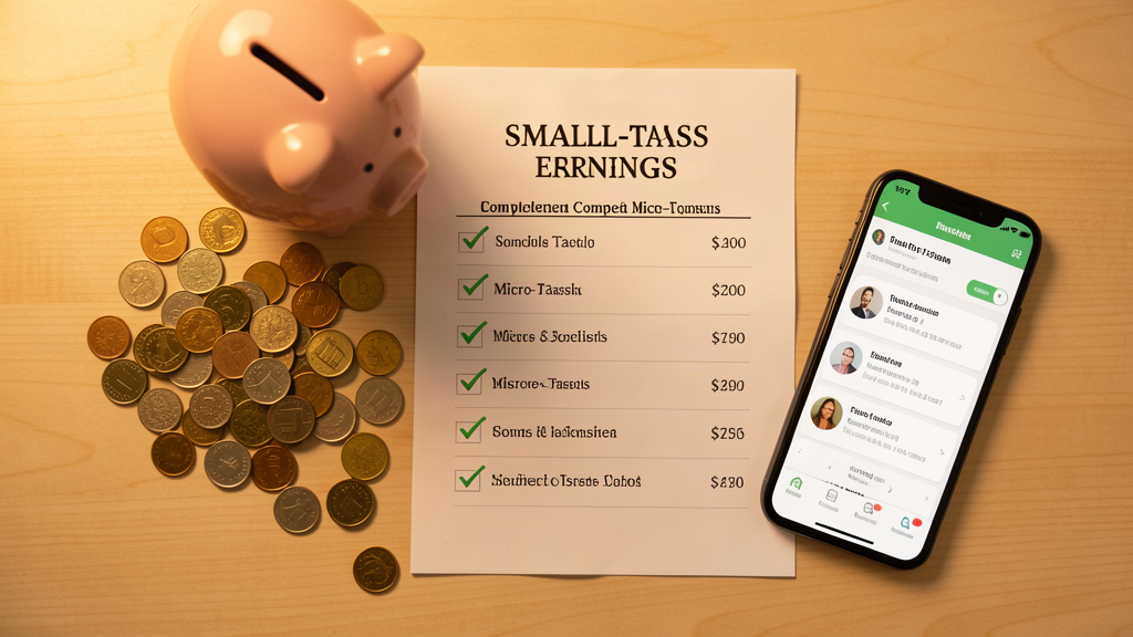 Scattered coins, a piggy bank, a printed checklist of completed micro-tasks with checkmarks, and a smartphone showing a task app