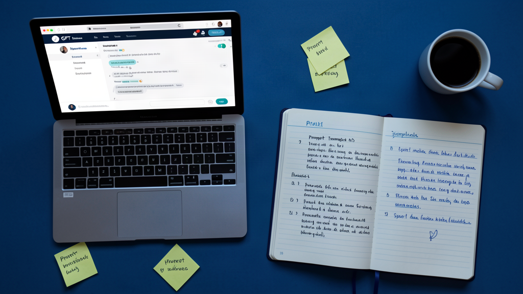 A laptop showing a chat interface with prompt engineering notes, an open notebook with handwritten prompt templates, and scattered sticky notes
