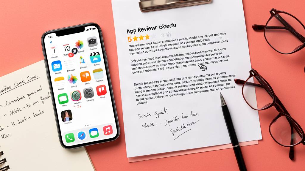 A smartphone displaying app icons and a 5-star rating graphic, a printed review draft with handwritten edits, and reading glasses