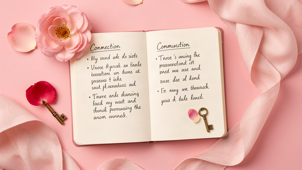 A small open journal with handwritten notes about connection, pressed flower petals, a brass key charm, and a soft scarf