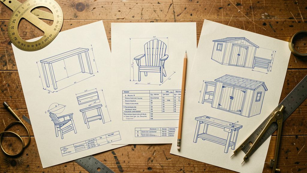 A flat-lay of detailed woodworking plan drawings spread across a craftsman's table, showing a shelf, Adirondack chair, garden shed, and workbench blueprint with measurements