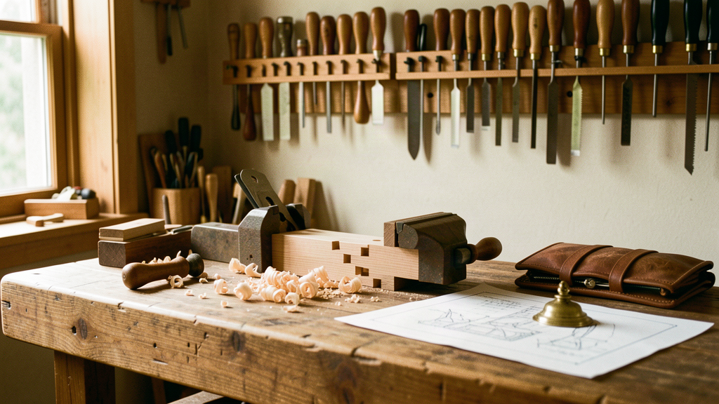 Master woodworker's workshop with a sturdy handmade workbench, hand tools on a wall rack, and a half-finished dovetail joint clamped in a vise